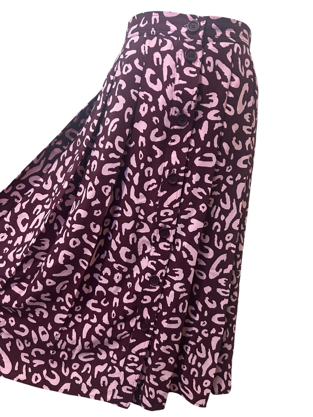 ModCloth Leopard Print Button Front Midi Skirt Size 4 Pink Burgundy A-Line Retro